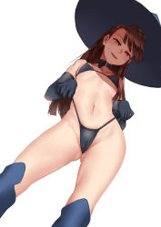 1girl absurdres asymmetrical_bangs bikini black_bikini black_gloves blush brown_eyes brown_hair cameltoe collarbone elbow_gloves gloves hat highres kagari_atsuko little_witch_academia long_hair looking_at_viewer navel open_mouth simple_background solo swimsuit vycma white_background witch_hat rating:Questionable score:146 user:danbooru