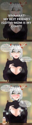  3panels absurdres aged_up alternate_breast_size alternate_color alternate_hairstyle black_eyeshadow black_hair black_nails black_sweater blurry blurry_background blush bottle braid branch breast_tattoo breasts ceres_fauna ceres_fauna_(goth) chair chocolate chocolate_milk cleavage cleavage_cutout cleavage_window clothing_cutout comic dark_persona disguise earrings eddarxart english_text eyebrow_cut eyebrows eyeshadow facing_viewer flower flower_on_head flower_tattoo flowers_in_hair french_braid goth_fashion grey_hair hair_ornament hand_on_own_chest highres holocouncil hololive hololive_english horns indoors jewelry lactation lactation_through_clothes large_breasts leaf leaf_hair_ornament licking licking_lips low_ponytail makeup mascara mature_female milk milk_bottle mole mole_under_eye multi_panel multicolored_hair nail_polish nails offering offering_drink offering_to_viewer open_mouth piercing ponytail pov presenting projectile_lactation red_leaf short_hair simple_background sitting smile speech_bubble stained_clothes steaming_body sweat sweatdrop sweater table tattoo text_focus threatening tongue tongue_out tongue_piercing turtleneck turtleneck_sweater upper_body virtual_youtuber white_hair wooden_table yellow_eyes 