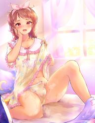  1boy absurdres bed bedwetting bow gasp hand_on_own_face highres male_focus open_mouth panties peeing peter_pan_collar peteron pillow pink_bow shirt shota smock solo trap underwear yellow_shirt  rating:Explicit score:59 user:cutedrop