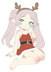  arm_support bare_legs barefoot belt belt_buckle blush buckle child closed_mouth dress earrings elf feet frieren full_body green_eyes grey_hair highres jewelry long_hair looking_at_viewer parted_bangs pointy_ears qtkat red_dress santa_dress sidelocks simple_background sitting sleeveless sleeveless_dress sousou_no_frieren spaghetti_strap thighs toes twintails wariza white_background 