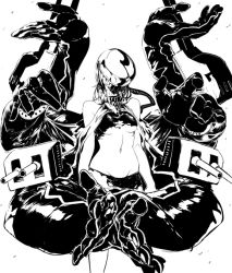  1girl abyssal_ship alternate_breast_size alternate_costume arms_at_sides arms_behind_back arms_up breasts covered_face cowboy_shot crossed_arms extra_arms gegeron greyscale groin hand_gesture helmet image_sample kantai_collection medium_breasts midriff monochrome muscular navel scarf short_hair simple_background skirt teeth torn_clothes torn_skirt tsu-class_light_cruiser turret twitter_sample underboob 