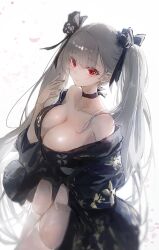  1girl absurdres alternate_costume azur_lane black_kimono black_panties breasts cleavage collarbone formidable_(azur_lane) grey_hair hair_ribbon hand_up highres japanese_clothes kimono large_breasts long_hair looking_at_viewer matsogum neck_ribbon off_shoulder panties print_kimono red_eyes ribbon solo thighhighs twintails underwear very_long_hair white_background white_thighhighs 