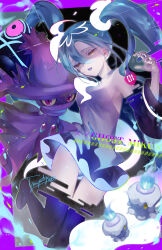  1girl absurdres bare_shoulders breasts character_name commentary_request creatures_(company) crossover detached_sleeves dress eyelashes game_freak gen_4_pokemon gen_5_pokemon ghost_miku_(project_voltage) grey_dress grey_hair hair_between_eyes hand_up hatsune_miku highres litwick long_hair mismagius nintendo open_mouth pokemon pokemon_(creature) project_voltage sleeveless sleeveless_dress thighhighs thighs tongue tongue_out tsuyutya twintails vocaloid yellow_eyes 
