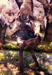  1boy ^_^ abandon_ranka black_thighhighs blonde_hair blurry boots cherry_blossoms closed_eyes commentary_request depth_of_field dress grass highres long_hair male_focus midare_toushirou open_mouth outdoors outstretched_arms petals smile thighhighs touken_ranbu trap tree 