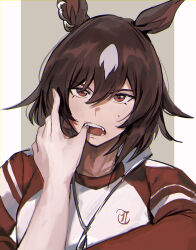  1girl 1other animal_ears blush bojue_(hakus_1128) brown_hair commentary_request disembodied_limb ear_ornament fangs finger_in_another&#039;s_mouth grey_background hair_between_eyes hand_in_another&#039;s_mouth highres horse_ears horse_girl jacket long_hair long_sleeves looking_at_viewer multicolored_hair open_mouth partially_unzipped red_eyes red_jacket shirt simple_background sirius_symboli_(umamusume) solo_focus streaked_hair sweat teeth tracen_training_uniform track_jacket two-tone_background umamusume upper_body very_long_hair white_background white_hair white_shirt zipper zipper_pull_tab 