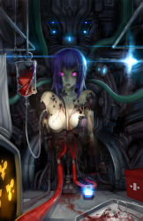 android blood breasts broken bullet_hole first_aid_kit ghost_in_the_shell glowing_eyes hector_enrique_sevilla_lujan highres kusanagi_motoko nipples open_mouth purple_eyes purple_hair signature solo tears torn_clothes transfusion rating:Questionable score:16 user:danbooru
