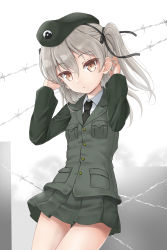 1girl barbed_wire beret black_necktie breasts brown_eyes collared_shirt commentary_request emblem flipper girls_und_panzer green_hat green_jacket green_skirt grey_hair hair_between_eyes hands_up hat highres jacket long_hair long_sleeves looking_at_viewer necktie one_side_up pleated_skirt selection_university_(emblem) selection_university_military_uniform shimada_arisu shirt skirt small_breasts solo white_shirt rating:Sensitive score:7 user:danbooru