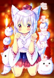  1girl :3 animal_ears blurry blurry_background blush candle chocolat_(momoiro_piano) commentary_request detached_sleeves hair_between_eyes hat inubashiri_momiji kneeling layered_skirt mofuji on_ground orange_background paw_pose petticoat red_eyes shirt short_hair skirt solo tail tokin_hat touhou translation_request triangle_mouth white_hair white_shirt wolf_ears wolf_tail 
