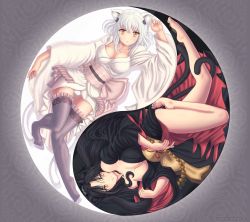  10s 2girls animal_ears breasts high_school_dxd kuroka kuroka_(high_school_dxd) large_breasts long_hair looking_at_viewer lying multiple_girls aged_up panties smile thighhighs toujou_koneko underwear white_hair yellow_eyes  rating:Questionable score:38 user:arutos