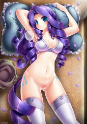 1girl artist_name blue_eyes blush bra breasts drill_hair emperpep frilled_pillow frills glass horns long_hair looking_at_viewer lying medium_breasts my_little_pony my_little_pony:_friendship_is_magic navel no_panties on_back personification petals pillow purple_hair pussy rarity_(my_little_pony) shiny_skin single_horn skindentation smile solo tail tattoo thighhighs uncensored underwear underwear_only white_thighhighs rating:Explicit score:87 user:danbooru