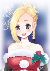  10s 1girl 2014 bare_shoulders blonde_hair blue_eyes braid christmas dated final_fantasy final_fantasy_xiv fur_trim looking_at_viewer merry_christmas minfilia_warde open_mouth signature solo watermark web_address  rating:Sensitive score:8 user:maziik