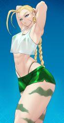  1girl abs ahoge armpits arms_behind_head artist_name bikini bikini_under_clothes blonde_hair blue_background blue_eyes bodypaint braid breasts cammy_white camouflage crop_top facial_scar gabriel_carrasquillo green_bikini green_shorts highres huge_ahoge long_hair looking_at_viewer medium_breasts midriff navel scar scar_on_cheek scar_on_face see-through see-through_shirt short_shorts shorts skindentation solo stomach street_fighter swimsuit tank_top thick_thighs thighs thong toned twin_braids whale_tail_(clothing) white_tank_top  rating:Sensitive score:14 user:danbooru