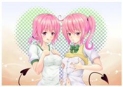 10s 2girls :p blush breast_suppress breasts commentary_request cum demon_tail covered_erect_nipples gym_uniform malcorond momo_velia_deviluke multiple_girls nana_asta_deviluke navel nipples no_bra purple_eyes shirt siblings sisters small_breasts smile sweater_vest tail to_love-ru to_love-ru_darkness tongue tongue_out twins twintails wet wet_clothes wet_shirt rating:Explicit score:11 user:danbooru
