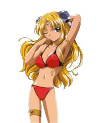 00s 1girl arm_behind_head armpits bikini blonde_hair breasts brown_eyes facial_mark forehead_mark galaxy_angel hair_ornament hairclip large_breasts long_hair looking_at_viewer one_eye_closed ranpha_franboise red_bikini side-tie_bikini_bottom simple_background solo swimsuit thighlet very_long_hair white_background wink  rating:Sensitive score:4 user:elantka100
