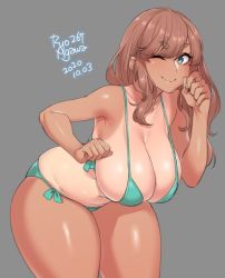 1girl 2020 agawa_ryou aqua_bikini artist_name bare_shoulders belly bikini blue_eyes breasts brown_hair cleavage commentary dark-skinned_female dark_skin dated grey_background hanging_breasts large_breasts long_hair one_eye_closed original signature simple_background smile solo swimsuit tan tanline thick_eyebrows thick_thighs thighs rating:Sensitive score:160 user:danbooru