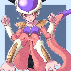 1girl :o arai_kuma armor bad_id bad_pixiv_id barefoot blue_background blush border breastplate breasts cameltoe clenched_hands colored_skin crotch demon_girl dragon_ball dragonball_z embarrassed facial_mark feet flying_sweatdrops frieza full_body genderswap genderswap_(mtf) greaves hands_up helmet horns knees knees_together_feet_apart legs looking_away lowres nail_polish oekaki pauldrons pink_skin red_hair shin_guards short_shorts shorts shoulder_armor simple_background sitting slit_pupils small_breasts solo surprised surprised_arms sweatdrop tail thighs vambraces rating:Sensitive score:28 user:danbooru