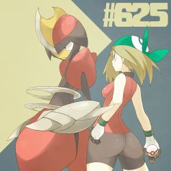  1girl ass bandana bare_arms bare_shoulders bike_shorts bisharp blue_eyes breasts brown_hair clenched_hand closed_mouth collared_shirt creatures_(company) female_focus game_freak gen_5_pokemon gloves green_bandanna highres holding holding_poke_ball huge_ass looking_at_another may_(pokemon) may_(pokemon_emerald) md5_mismatch medium_breasts multicolored_clothes multicolored_gloves nintendo poke_ball pokemon pokemon_(creature) pokemon_rse premium_ball red_shirt serious shigino_sohuzi shirt short_hair sleeveless sleeveless_shirt standing  rating:Questionable score:26 user:Ashera