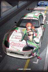  1girl absurdres artist_name bikini black_bikini blue_eyes breasts brown_hair car castrol commentary day english_commentary funkygarage green_jumpsuit highres horns jacket jumpsuit kaho_(funkygarage) long_hair long_sleeves looking_to_the_side medium_breasts motor_vehicle nissan nissan_skyline nissan_skyline_gt-r nissan_skyline_r33 open_clothes open_jacket original outdoors parted_lips race_vehicle racecar racing_suit red_footwear shoes side_ponytail sitting smile sneakers solo spoiler_(automobile) sports_car super_gt swimsuit tom&#039;s_racing toyota toyota_supra toyota_supra_mk_iv vehicle_focus 
