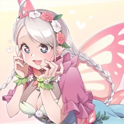  1girl ahoge blue_eyes braid breasts butterfly_wings capelet cleavage commentary_request commission commissioner_upload fairy_wings fire_emblem fire_emblem_fates fire_emblem_heroes flower flower_bracelet fujoshi gradient_clothes green_bracelet hair_vines hands_on_own_face heart heart_in_eye highres insect_wings kishiro_azuhito leaf_bracelet long_hair low_twin_braids medium_breasts nina_(fire_emblem) nina_(resplendent)_(fire_emblem) nintendo official_alternate_costume open_mouth parted_bangs pink_capelet pink_flower skeb_commission solo symbol_in_eye twin_braids vine_belt vine_bracelet vine_harness white_flower wings 