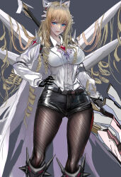  1girl absurdres belt black_gloves black_pantyhose black_shorts blonde_hair blue_eyes breasts collared_shirt crown crown_(nikke) drill_hair fishnet_pantyhose fishnets gloves goddess_of_victory:_nikke grey_background hair_intakes hand_on_own_hip highres holding holding_weapon impossible_clothes impossible_jacket impossible_shirt jacket kyel_hyde large_breasts leather_shorts long_hair looking_at_viewer open_clothes open_jacket open_mouth pantyhose shirt short_shorts shorts simple_background solo unmoving_pattern very_long_hair weapon white_jacket white_shirt 