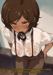  1girl angry black_necktie breasts brown_eyes brown_hair collared_shirt dark_skin english_text highres indoors limbus_company looking_at_viewer medium_breasts mouth_hold multiple_scars necktie necktie_in_mouth outis_(project_moon) pants project_moon scar see-through shirt sleeves_rolled_up solo tan velminth wet wet_clothes white_shirt  rating:Sensitive score:52 user:danbooru