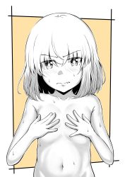 1girl absurdres blush breast_hold breasts closed_mouth collarbone covering_privates covering_breasts embarrassed fang girls_und_panzer groin highres katyusha_(girls_und_panzer) looking_at_viewer monochrome navel orange_theme partially_colored rorimo shiny_skin short_hair simple_background small_breasts solo standing sweat two-tone_background rating:Questionable score:7 user:danbooru