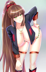 1girl bent_over blunt_bangs boots breasts brown_hair cross cross_earrings cross_necklace earrings fishnet_legwear fishnets green_eyes hand_on_own_hip hand_on_own_knee hanging_breasts high_ponytail highres hime_cut huge_breasts jacket jewelry long_hair looking_at_viewer nail_polish necklace nipples open_clothes open_jacket original panties pants ponytail ryuuzouji_usagi sidelocks simple_background skindentation smile solo underwear very_long_hair rating:Explicit score:60 user:danbooru