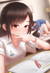 1boy 2girls absurdres bed blue_shirt bottomless brown_eyes brown_hair condom condom_wrapper desk exhibitionism highres homework implied_sex lamp looking_at_viewer math multiple_girls peace_symbol pen ponytail public_indecency selfie shirt tanatonkub v watch white_shirt rating:Questionable score:328 user:qqnned