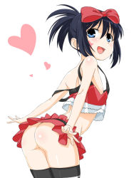  1girl ass black_hair blue_eyes blush flat_chest heart kunihiro_hajime loliconder looking_back no_bra no_panties ponytail revealing_clothes ribbon saki_(manga) simple_background smile solo thighhighs thighs white_background  rating:Questionable score:106 user:danbooru