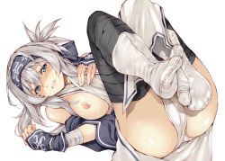 10s 1girl ainu_clothes ass bad_id bad_twitter_id bandages black_thighhighs blue_eyes blue_gloves blue_jacket blush breasts breasts_out cropped_jacket dress fingerless_gloves folded_ponytail gloves grin hair_between_eyes headband jacket kamoi_(kancolle) kantai_collection legs_up long_hair looking_at_viewer lying medium_breasts nipples on_back panties pantyshot raid_slash simple_background sleeveless sleeveless_dress smile socks solo thick_eyebrows thighhighs underwear white_background white_dress white_panties white_socks rating:Questionable score:14 user:danbooru