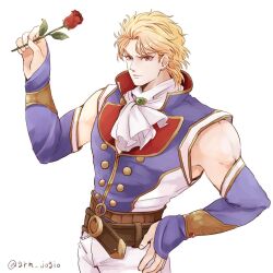  1boy ascot blonde_hair closed_mouth commentary_request detached_sleeves dio_brando ear_birthmark flower grm_jogio hand_on_own_hip holding holding_flower jojo_no_kimyou_na_bouken long_hair male_focus official_alternate_costume phantom_blood phantom_blood_(film) red_eyes red_flower red_rose rose simple_background smile solo white_background 