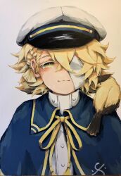  1boy absurdres animal animal_on_shoulder bandage_over_one_eye billie_x bird bird_on_shoulder blonde_hair blue_capelet buttons capelet colored_eyelashes freckles gouache_(medium) hat highres james_(vocaloid) light_blush looking_at_viewer maghni_ai male_focus messy_hair oliver_(maghni_ai) oliver_(vocaloid) painting_(medium) ribbon sailor_hat shirt short_hair simple_background smile traditional_media vocaloid white_background white_headwear white_shirt yellow_eyes yellow_ribbon 