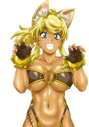 1girl absurdres animal_ear_fluff animal_ears bare_shoulders belt_bra blonde_hair blue_eyes breasts brown_gloves claw_pose collarbone commentary_request dark-skinned_female dark_skin extra_ears facial_mark fingerless_gloves fingernails gloves grin hands_up highres large_breasts liru long_hair looking_at_viewer manabe_jouji navel o-ring o-ring_bottom o-ring_top ponytail renkin_san-kyuu_magical_pokaan scar_on_hip sharp_teeth simple_background smile solo stomach teeth underboob upper_body whisker_markings white_background wolf_ears wolf_girl 