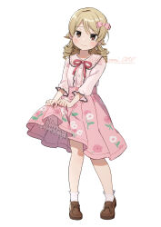  1girl absurdres bow brown_eyes brown_footwear drill_hair earrings floral_print frilled_shirt frills full_body hair_bow highres idolmaster idolmaster_cinderella_girls jewelry light_brown_hair long_hair looking_at_viewer morikubo_nono neck_ribbon pink_bow pink_ribbon pink_shirt pink_skirt ribbon shirt shisui_(5830217) shoes simple_background skirt skirt_hold socks solo twitter_username white_background white_socks 