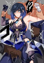  !? 1boy 1girl 1other absurdres aqua_eyes bare_shoulders blue_dress blue_hair blue_pants blunt_bangs commentary_request commission crotch_kick dress earrings eyeshadow genshin_impact gradient_hair grey_background highres jewelry leggings makeup multicolored_hair pants parted_lips pixiv_commission purple_lips restrained short_hair simple_background sleeveless sleeveless_dress watarase_piro yelan_(genshin_impact) 