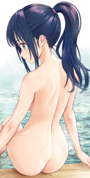  1girl arm_at_side ass back blue_eyes blue_hair closed_mouth completely_nude expressionless from_behind high_ponytail highres long_hair looking_ahead n.g. nude original ponytail sidelocks sitting soaking_feet solo water wet 