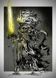  1boy absurdres anklet armor barefoot border bracelet clenched_hand crown dark_souls_(series) dark_souls_iii deadpool_yuchan glowing glowing_crown glowing_weapon gradient_background grey_border highres holding holding_polearm holding_weapon hollow_eyes jewelry limited_palette long_hair male_focus nameless_king polearm scarf signature solo spear standing torn_clothes torn_scarf undead weapon 