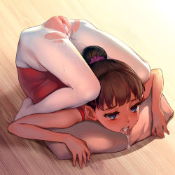  1girl absurdres ahegao as109 bags_under_eyes ballet blue_eyes brown_hair contortion cum cum_in_mouth cum_in_nose cum_in_pussy cum_on_tongue cum_pool cumdrip eyebrows female_focus fingernails flexible full_body gymnastics half-closed_eyes highres indoors loli open_mouth pillow pussy pussy_juice solo tears teeth tongue tongue_out torn_clothes upper_teeth_only wooden_floor  rating:Explicit score:1227 user:henry_gurnald