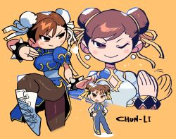  1girl :d absurdres ass blue_pants blush_stickers boots bracelet breasts brown_eyes brown_hair brown_pantyhose bun_cover capcom china_dress chinese_clothes chun-li cleavage cleavage_cutout closed_eyes clothing_cutout commentary contrapposto covered_navel cowboy_shot crop_top cross-laced_footwear double_bun dress earrings facing_viewer gold_trim hair_bun hair_ribbon hand_on_own_hip happy happy_birthday highres jaggy_lines jewelry knee_boots lace-up_boots large_breasts looking_to_the_side official_alternate_costume one_eye_closed open_mouth pants pantyhose pelvic_curtain puffy_short_sleeves puffy_sleeves purple_nails rariatto_(ganguri) ribbon sash short_hair short_sleeves simple_background sleeveless smile solo spiked_bracelet spikes street_fighter street_fighter_6 street_fighter_zero_(series) studded_bracelet sweatdrop thick_thighs thighs translation_request white_dress white_footwear yellow_ribbon 