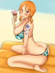  1girl ass bare_shoulders bikini blush breasts brown_eyes butt_crack cleavage covered_erect_nipples earrings food highres ice_cream jewelry large_breasts licking licking_lips long_hair looking_at_viewer momo_765 nami_(one_piece) one_piece orange_hair panties popsicle rirakukan shiny_skin sideboob sitting smile solo swimsuit tattoo tongue tongue_out twintails underwear wariza 