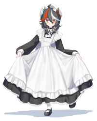  1girl absurdres ahoge alternate_costume apron ascot black_choker black_dress black_footwear black_hair blush choker commentary_request dress enmaided full_body hair_between_eyes hat highres horns kijin_seija long_hair long_sleeves looking_at_viewer maid maid_apron mary_janes mob_cap multicolored_hair nanashi_nasi parted_lips red_eyes red_hair shoes simple_background skirt_hold socks solo standing standing_on_one_leg streaked_hair touhou white_apron white_ascot white_background white_hair white_socks 