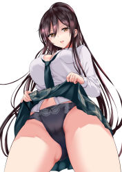 1girl bad_id bad_pixiv_id black_hair black_panties bow bow_panties breasts brown_eyes buttons clothes_lift cowboy_shot dress_shirt from_below frown gluteal_fold green_necktie green_skirt hair_between_eyes highres idolmaster idolmaster_shiny_colors large_breasts lifting_own_clothes long_hair long_sleeves looking_at_viewer navel necktie open_mouth panties plaid plaid_skirt ponytail_korosuke shirase_sakuya shirt simple_background skirt skirt_lift solo underwear white_background white_shirt rating:Questionable score:23 user:danbooru