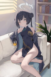 1girl bare_shoulders barefoot black_dress black_gloves black_hair blue_archive bookshelf breasts china_dress chinese_clothes coat commentary couch covered_navel cup double_bun dress drinking_glass foot_out_of_frame gloves green_eyes grey_coat grey_halo hair_bun halo highres holding holding_cup indoors kisaki_(blue_archive) lizard0221 long_hair looking_at_viewer off_shoulder on_couch pinstripe_pattern short_dress side_slit sitting small_breasts solo teeth thighs wine_glass 