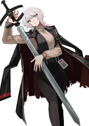  1girl black_coat black_pants black_vest blue_eyes brown_sweater coat coat_on_shoulders faust_(project_moon) feet_out_of_frame ff_nami highres holding holding_sword holding_weapon id_card limbus_company looking_at_viewer medium_hair pants parted_lips project_moon ribbed_sweater solo sweater sword vest weapon white_hair zweihander 