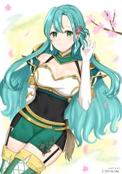  1girl absurdres aqua_hair armor bare_shoulders black_dress breasts cherry_blossoms chloe_(fire_emblem) cleavage commentary_request covered_navel dress fire_emblem fire_emblem_engage garter_straps gloves green_eyes green_skirt hand_up highres large_breasts long_hair looking_at_viewer nintendo otokajife pencil_dress petals short_dress shoulder_armor skirt smile solo thighhighs very_long_hair white_gloves 