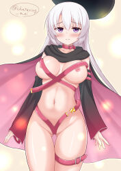  1girl 3: absurdres arms_at_sides ayachi_nene belt belt_bra belt_collar black_cloak black_hat blush breasts breasts_apart chataring_mai cloak closed_mouth collar commentary cowboy_shot curvy detached_sleeves embarrassed eyes_visible_through_hair floating_clothes gluteal_fold grey_hair groin hair_between_eyes hat highres large_breasts light_particles long_hair long_sleeves looking_at_viewer midriff navel nipples no_pants open_belt partially_visible_vulva pink_belt pink_cloak purple_eyes raised_eyebrows sanoba_witch shiny_skin simple_background skindentation solo stomach straight_hair thigh_gap thighs tsurime twitter_username two-tone_cloak unworn_hat unworn_headwear wide_sleeves yellow_background 