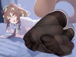 1girl absurdres animal_ears ass bare_legs barefoot black_pantyhose blush breasts brown_hair brown_tail censored closed_mouth double-parted_bangs eyelashes fang feet foot_focus grey_shorts hair_between_eyes hair_ornament highres holding honda_poko indie_virtual_youtuber kilabo large_breasts leaf leaf_hair_ornament leaf_on_head licking_lips long_hair looking_at_viewer lying mimikaki on_stomach open_mouth pantyhose raccoon_ears raccoon_girl raccoon_tail shadow shirt short_shorts short_sleeves shorts smile soles solo sweatdrop tail thighband_pantyhose thighs toes tongue tongue_out virtual_youtuber white_shirt 