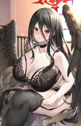  1girl bare_shoulders black_bra black_hair black_wings blue_archive blush bra breasts cleavage collarbone commission emanon123 feathered_wings halo hasumi_(blue_archive) highres huge_breasts long_hair looking_at_viewer navel pixiv_commission red_eyes revision solo thighhighs thighs underwear wings  rating:Sensitive score:14 user:danbooru