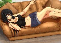  10s 1girl bare_shoulders black_eyes black_hair breasts cellphone cleavage couch hannibal_(primariest) highres infinite_stratos large_breasts crossed_legs long_hair lying midriff navel open_fly orimura_chifuyu phone pillow shirt short_shorts shorts smile solo tank_top taut_clothes taut_shirt unzipped  rating:Sensitive score:60 user:garchomp