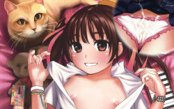 brown_eyes brown_hair cat cum highres loli nipples open_clothes open_shirt shirt smile tagme rating:Explicit score:10 user:AlmaNegra